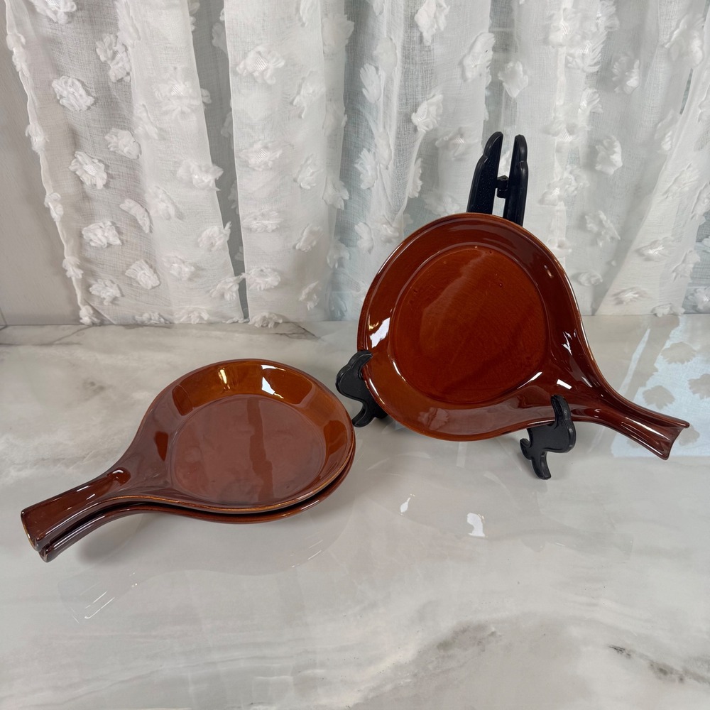 Vintage Hall 1677 Brown Ceramic Baking Skillet Dishes Set of 3 Made in USA‎